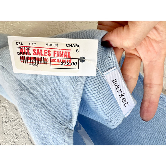 NWT Market Strapless Ribbed Knit Sweatheart Tie Mini Dress Blue Women's Small - Picture 4 of 6